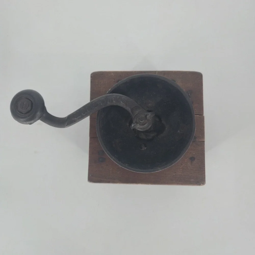 Antique Wooden Coffee Grinder Cast Iron Hand Crank Mill Porcelain Knob Vintage